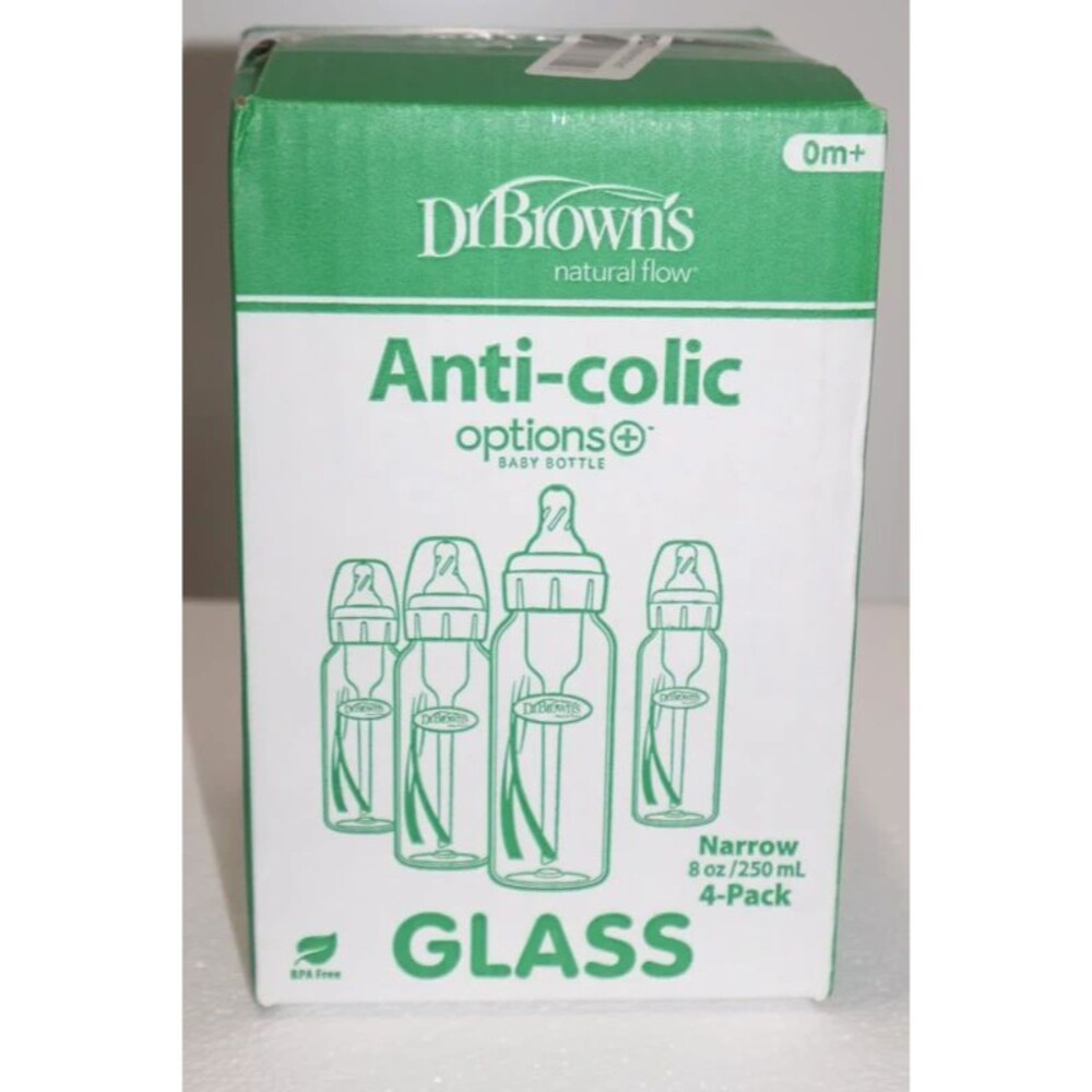 Dr. Brown’s Options+ Glass Baby Bottles 8oz 4 Pack Level 1 Nipples 0m+